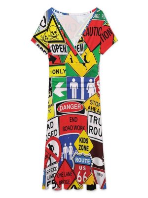 Road Traffic Sign Women's Midi Dress Short Sleeve Dresses V Neck Sundress Casual Summer