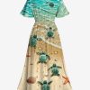 Matchable Couple Hawaiian Sea Beach Starfish Turtle Shell Print Shirt or Plus Size Midi Split A Line Dress