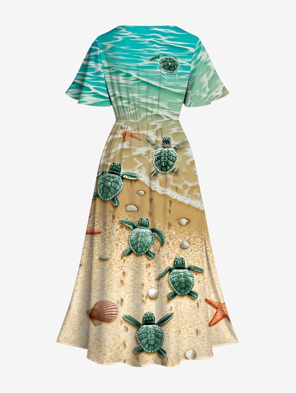 Matchable Couple Hawaiian Sea Beach Starfish Turtle Shell Print Shirt or Plus Size Midi Split A Line Dress