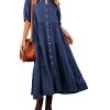Women's Summer Cotton Half Sleeves Button Down Casual Loose Slit Midi Dress with Pockets