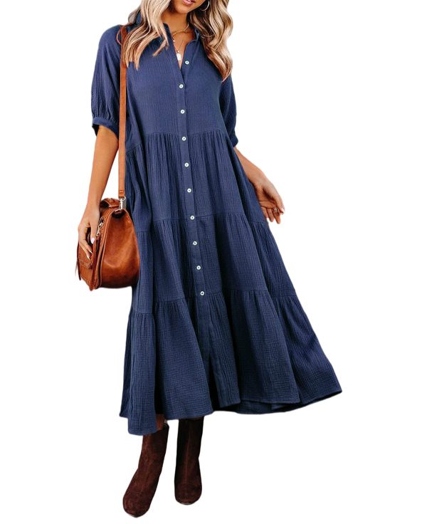 Women's Summer Cotton Half Sleeves Button Down Casual Loose Slit Midi Dress with Pockets
