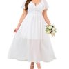 Women's Plus Size Lace Maxi Dress Short Sleeve V Neck Flowy Empire Waist Smocked Back Wedding Guest Dress