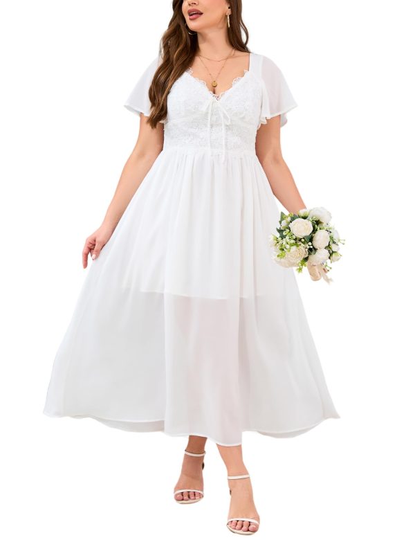 Women's Plus Size Lace Maxi Dress Short Sleeve V Neck Flowy Empire Waist Smocked Back Wedding Guest Dress