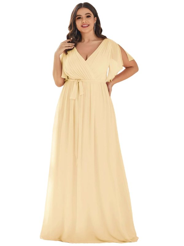 Women's Plus Size Chiffon A-Line Deep V-Neck Elastic Sash Waist Floor Length Formal Bridesmaid Dress