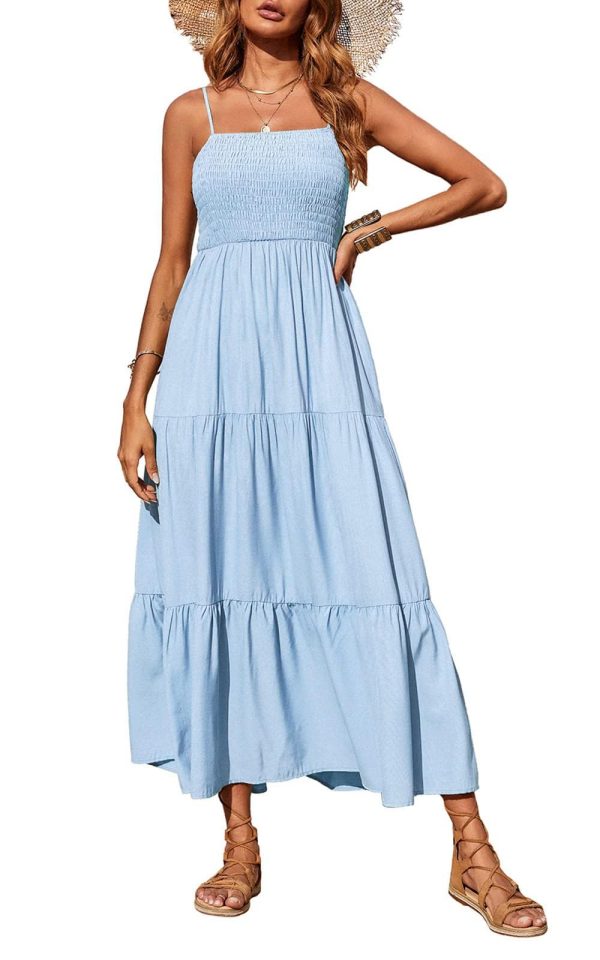 Women's Summer Maxi Dress 2025 Casual Boho Sleeveless Spaghetti Strap Smocked Tiered Long Beach Sundresses