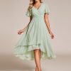 Women's Chiffon Formal Dresses V Neck Ruffle Sleeves Pleated High Low Summer Wedding Guest Dress