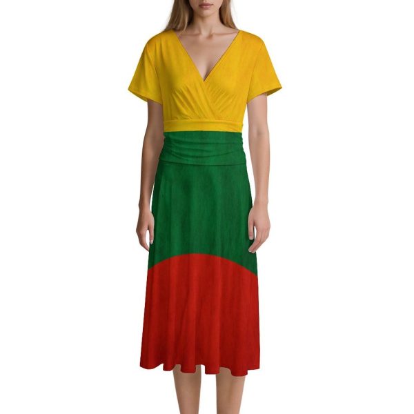 Lithuanian Flag Women's Midi Dress Short Sleeve Dresses V Neck Sundress Casual Summer
