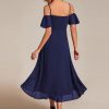 Women's Summer Cold Shoulder Hi-Lo Asymmetrical Hem Flowy Chiffon Short Wedding Guest Dress 02103