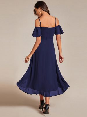 Women's Summer Cold Shoulder Hi-Lo Asymmetrical Hem Flowy Chiffon Short Wedding Guest Dress 02103