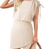 Womens 2024 Summer Dress Drawstring Cap Sleeve Crew Neck Wrap Bodycon Dresses Mini Short Dress