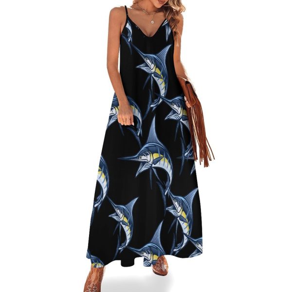 Marlin Fish Maxi Dress for Women Summer Casual Sleeveless V Neck Spaghetti Dresses