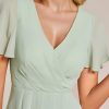 Women's Chiffon Formal Dresses V Neck Ruffle Sleeves Pleated High Low Summer Wedding Guest Dress
