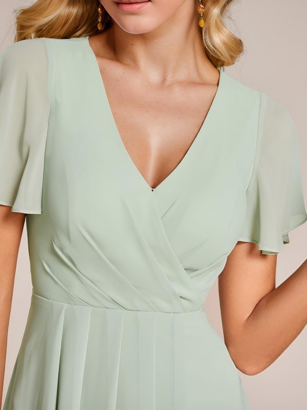 Women's Chiffon Formal Dresses V Neck Ruffle Sleeves Pleated High Low Summer Wedding Guest Dress