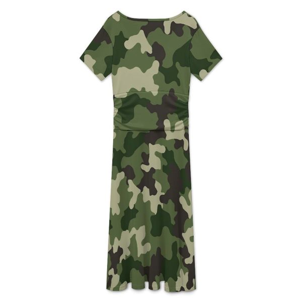 Green Camouflage Seamless Women's Midi Dress Short Sleeve Dresses V Neck Sundress Casual Summer