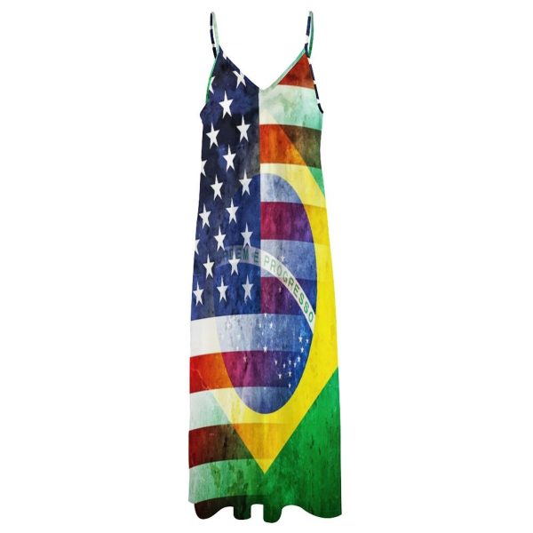 Vintage U.S.A. and Brazil Flag Maxi Dress for Women Summer Casual Sleeveless V Neck Spaghetti Dresses