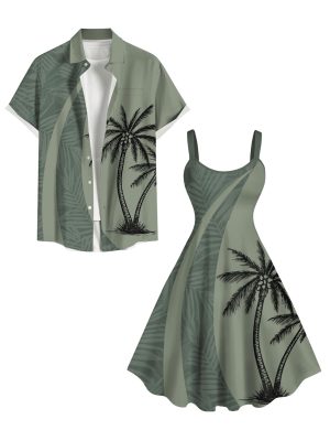 Matchable Couple Hawaiian Coconut Tree Print Shirt or Plus Size Knee Length Fit and Flare Tank Dress