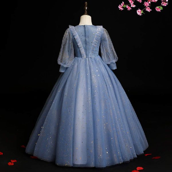 Spring and Summer Children's New Blue mid-Length-Sleeved Evening Dress,Girls' mesh Piano Princess Dress. (Blue Gray, xx_l)