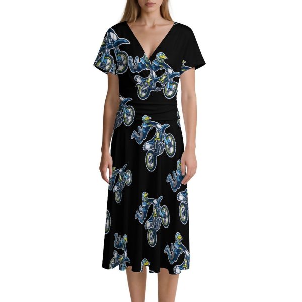 Motocross Rider Women's Midi Dress Short Sleeve Dresses V Neck Sundress Casual Summer