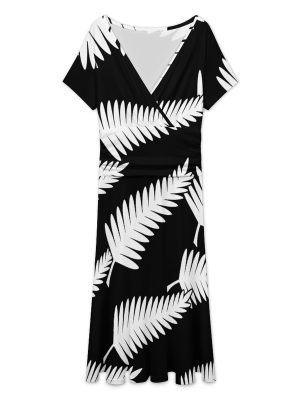 New Zealand Maori Fern Women's Midi Dress Short Sleeve Dresses V Neck Sundress Casual Summer