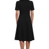 Women's Knit Eyelet Short Sleeve Crepe Inset Waist Midi with Button Detail