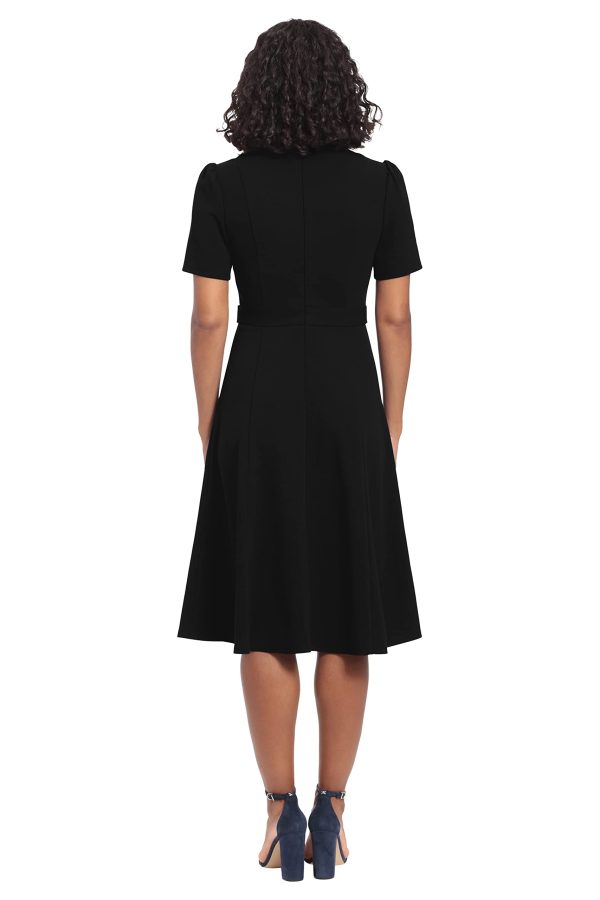 Women's Knit Eyelet Short Sleeve Crepe Inset Waist Midi with Button Detail