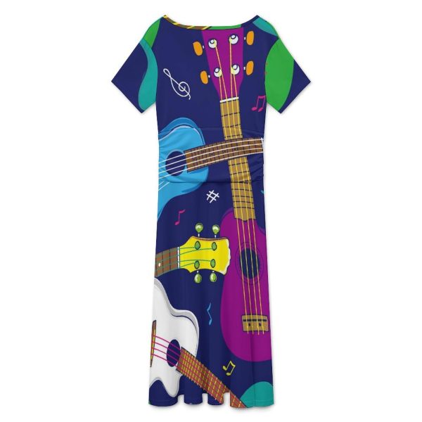 Hawaiian Beginner Ukulele Women's Midi Dress Short Sleeve Dresses V Neck Sundress Casual Summer
