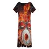 Rock Roll Drums Flame Drummer Skull Women's Midi Dress Short Sleeve Dresses V Neck Sundress Casual Summer