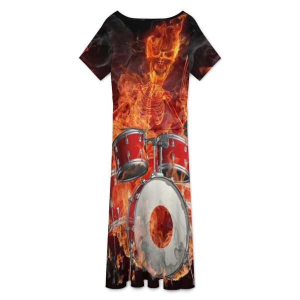 Rock Roll Drums Flame Drummer Skull Women's Midi Dress Short Sleeve Dresses V Neck Sundress Casual Summer