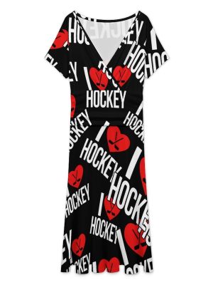 I Love Hockey Women's Midi Dress Short Sleeve Dresses V Neck Sundress Casual Summer