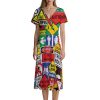 Road Traffic Sign Women's Midi Dress Short Sleeve Dresses V Neck Sundress Casual Summer