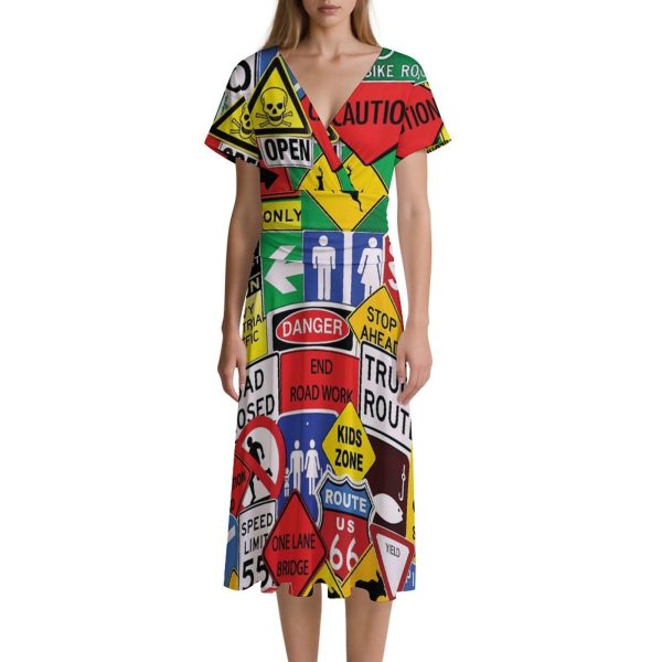 Road Traffic Sign Women's Midi Dress Short Sleeve Dresses V Neck Sundress Casual Summer