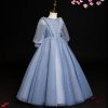 Spring and Summer Children's New Blue mid-Length-Sleeved Evening Dress,Girls' mesh Piano Princess Dress. (Blue Gray, xx_l)