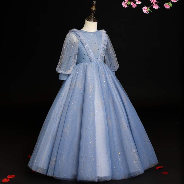Spring and Summer Children's New Blue mid-Length-Sleeved Evening Dress,Girls' mesh Piano Princess Dress. (Blue Gray, xx_l)
