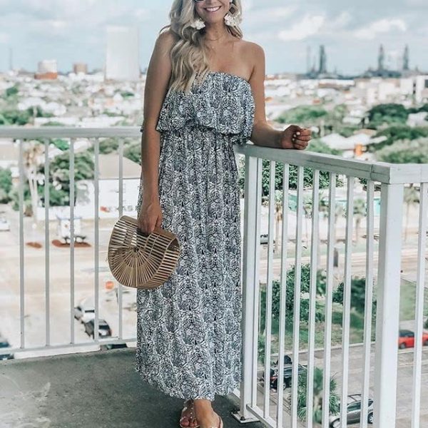 Women's Summer Off The Shoulder Maxi Dress Ruffle Strapless Blue White Porcelain Boho Casual Loose Long Dresses
