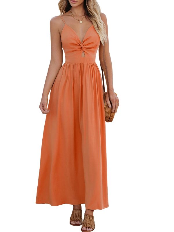 Women Casual Dress Beach Sleeveless V Neck Summer Cutout Spaghetti Straps Formal Maxi Sun Dresses
