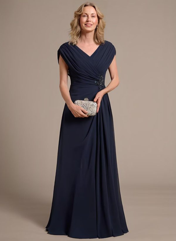 Women's Cap Sleeves Mother of The Bride Dress 2025 Chiffon Long Ruched A Line Formal Dresses YZTS122