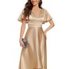 Women's Satin Short Ruffles Sleeves A Line Empire Waist Wedding Guest Dress with Pockets 02335