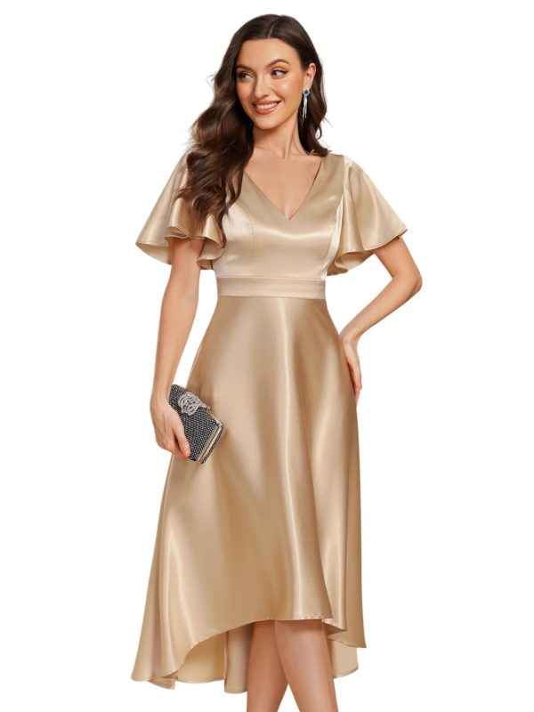 Women's Satin Short Ruffles Sleeves A Line Empire Waist Wedding Guest Dress with Pockets 02335