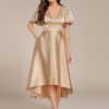 Women's Satin Short Ruffles Sleeves A Line Empire Waist Wedding Guest Dress with Pockets 02335