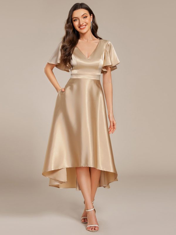 Women's Satin Short Ruffles Sleeves A Line Empire Waist Wedding Guest Dress with Pockets 02335
