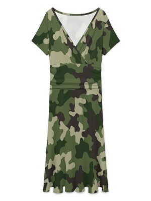 Green Camouflage Seamless Women's Midi Dress Short Sleeve Dresses V Neck Sundress Casual Summer