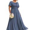 Women's Summer Round Neck A Line Pleated Chiffon Short Sleeves Plus Size Formal Gowns Bridesmaid Dresses