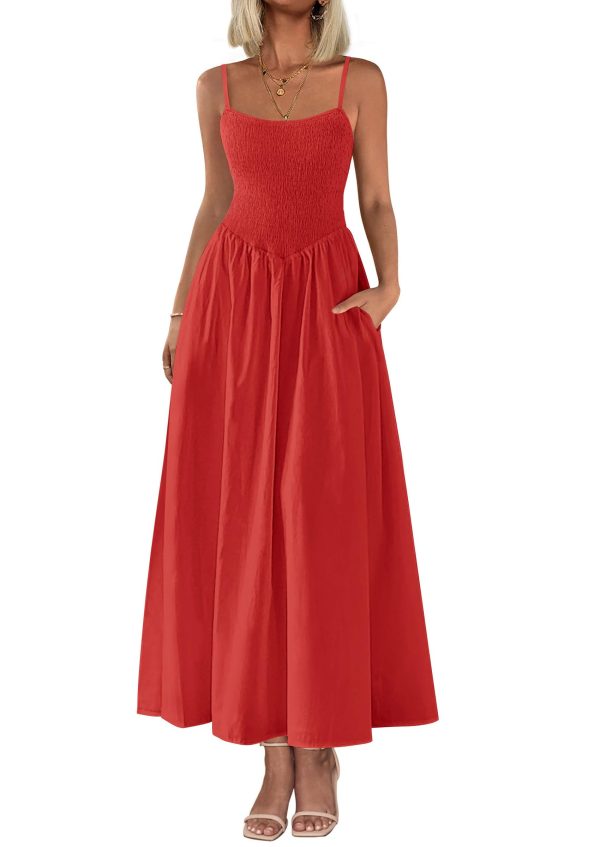 Women's 2025 Summer Maxi Dresses Beach Sundress Casual Spaghetti Strap Smocked Swing A Line Long Flowy Dress