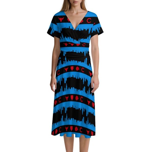Chicago Flag Skyline Sports Painting Women's Midi Dress Short Sleeve Dresses V Neck Sundress Casual Summer