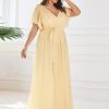 Women's Plus Size Chiffon A-Line Deep V-Neck Elastic Sash Waist Floor Length Formal Bridesmaid Dress