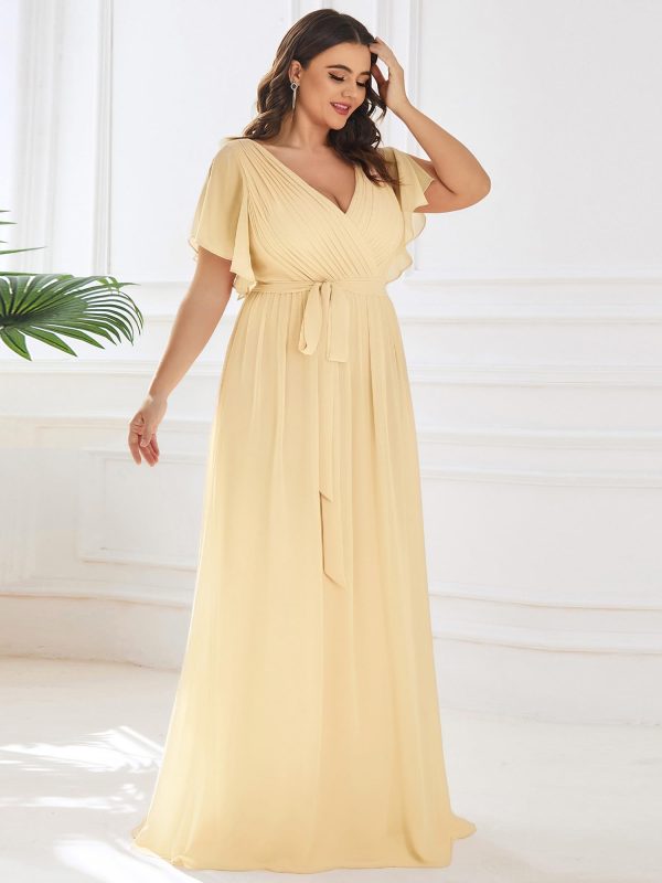 Women's Plus Size Chiffon A-Line Deep V-Neck Elastic Sash Waist Floor Length Formal Bridesmaid Dress
