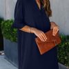 Shift Dress for Women V Neck Short Sleeves Solid Color Casual Flowy Summer Dresses(S-2XL)
