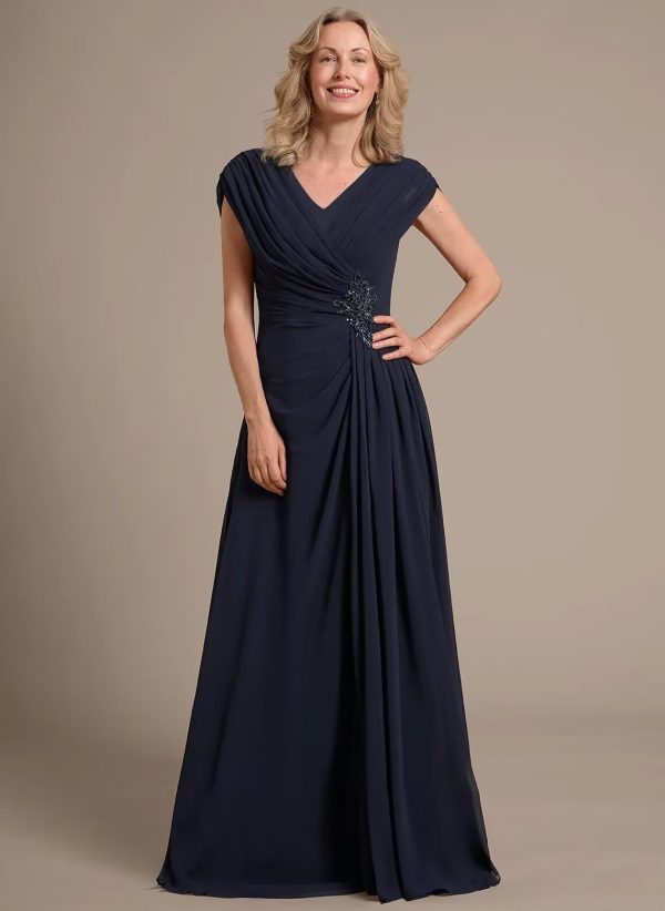 Women's Cap Sleeves Mother of The Bride Dress 2025 Chiffon Long Ruched A Line Formal Dresses YZTS122