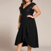 Women's Summer V Neck A Line Sequin Cap Sleeves Tea Length Plus Size Formal Wedding Guest Dresses