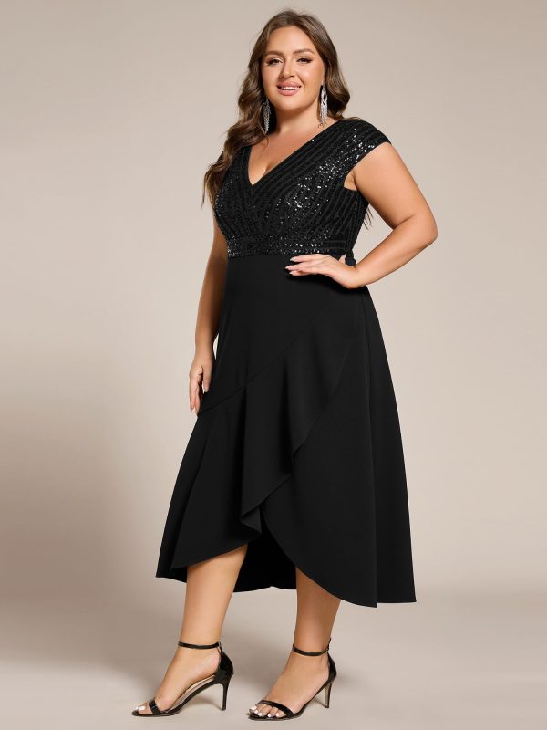 Women's Summer V Neck A Line Sequin Cap Sleeves Tea Length Plus Size Formal Wedding Guest Dresses